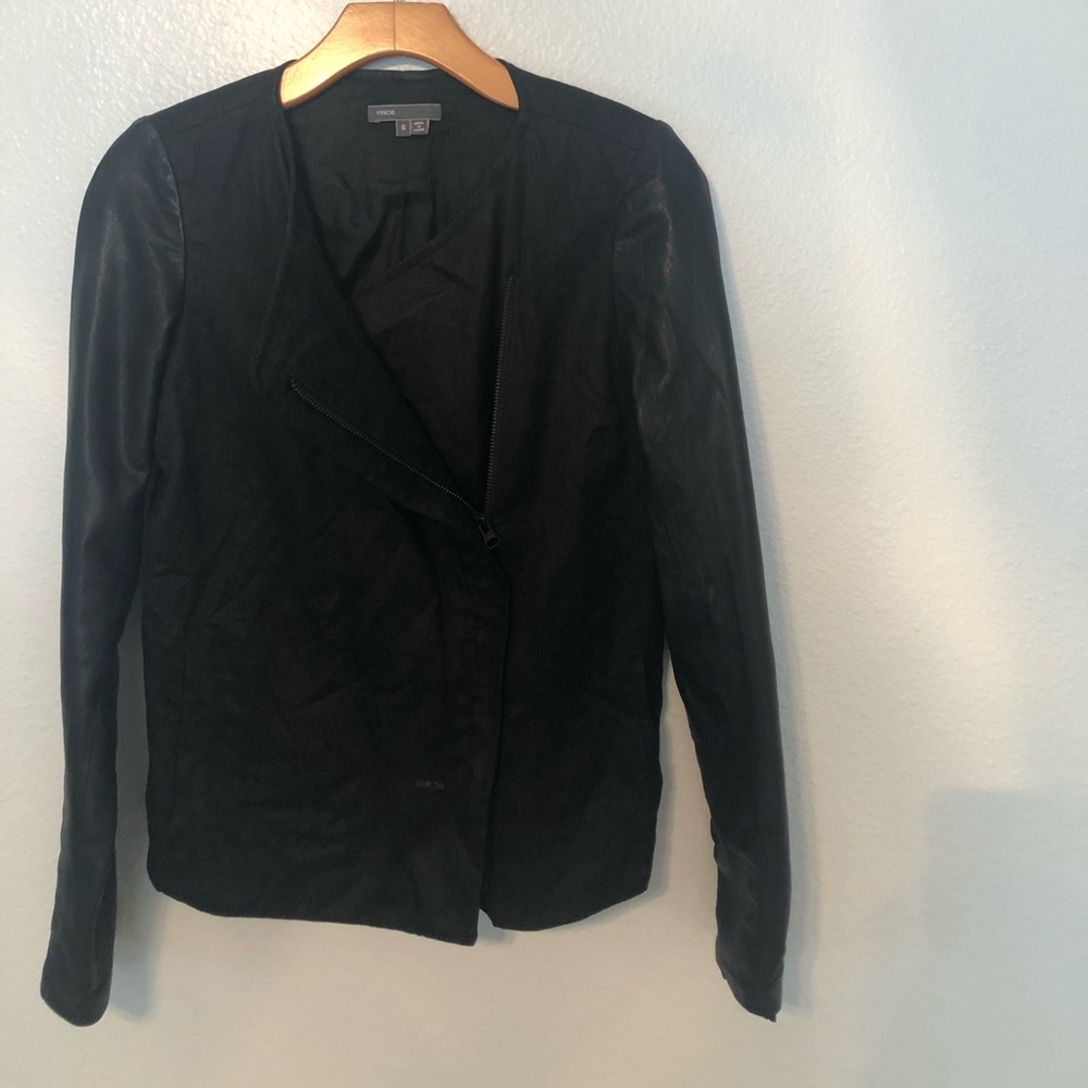 Vince Linen Jacket with Leather Sleeves - Black, S